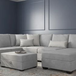 Bonaterra Dove Grey Fabric 127" 2 Piece U-Shaped Sectional with Right Arm Facing Sofa Chaise | Track Arms
