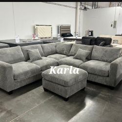Beautiful 4-Pc Corduroy Sectional Sofa Set With Ottoman 