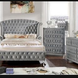 Brand New Grey Extravagant 4pc Queen Bedroom Set 