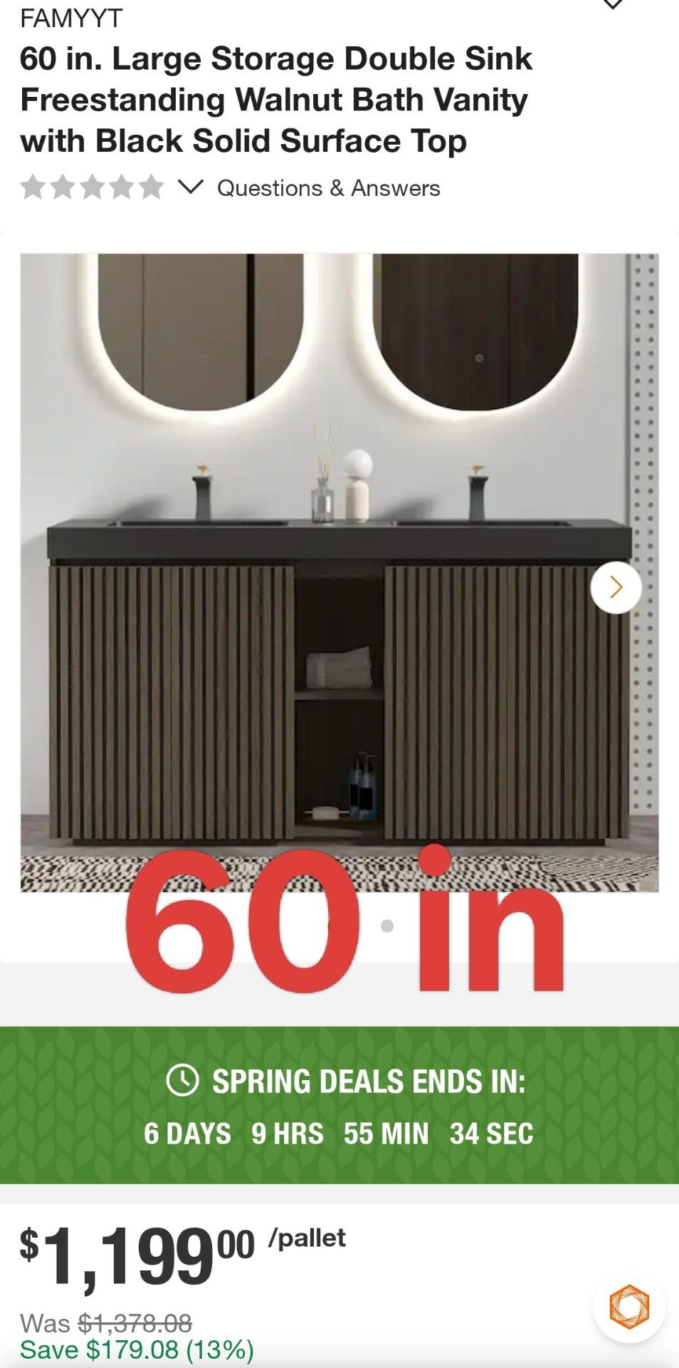 60 in. Large Storage Double Sink Freestanding Walnut Bath Vanity with Black Solid Surface Top