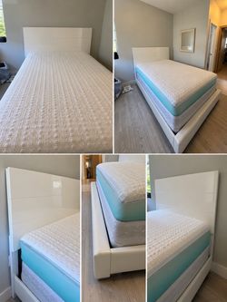 Modern Queen Bed Set w/ Mattress & White Headboard – Excellent Condition