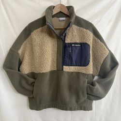 Columbia Women's Lodge Sherpa Pullover Jacket Half Snap EUC Size XL Green Beige