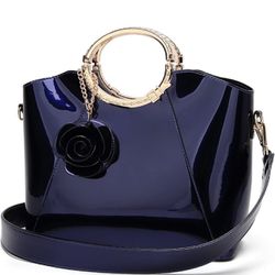 Glossy Faux Patent Leather Shoulder Handbag Women / Satchel Flower Pendant