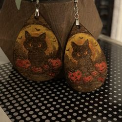 New Halloween Black cat N pumpkins Wood Earrings