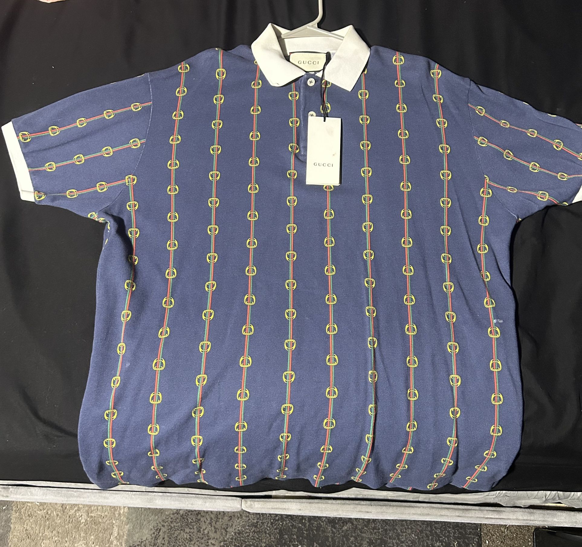 NWT MEN'S Gucci Horse-bit Chain Print Polo Shirt Blue