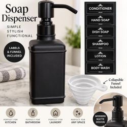 Matte Black Soap Dispenser with Labels and Funnel