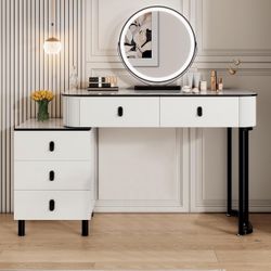 Makeup Vanity Desk with Mirror and Lights,Glass Tabletop Vanity Table for Bedroom 5 Drawers （No Chair)