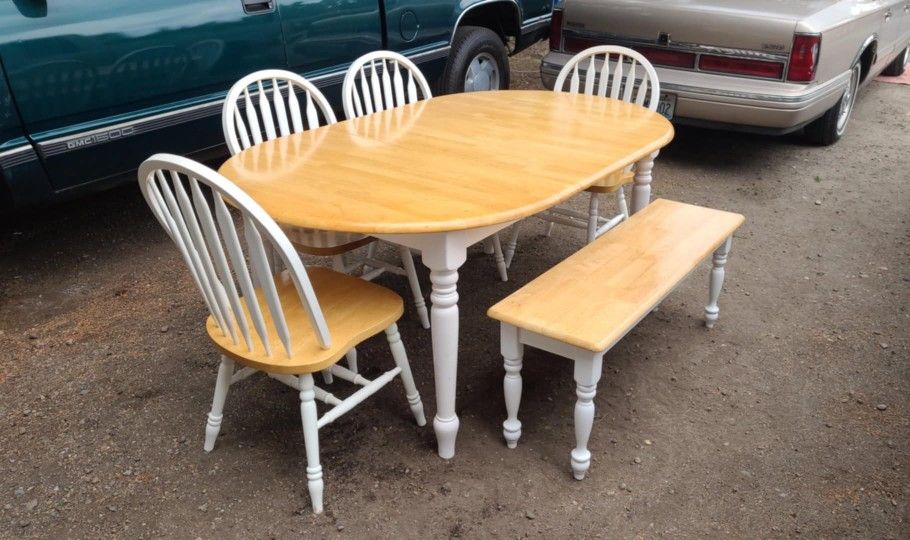 Country Dining Table And Chairs With Bench & Leaf/ Farmhouse/ Rustic/ White Solid Wood/ Oak