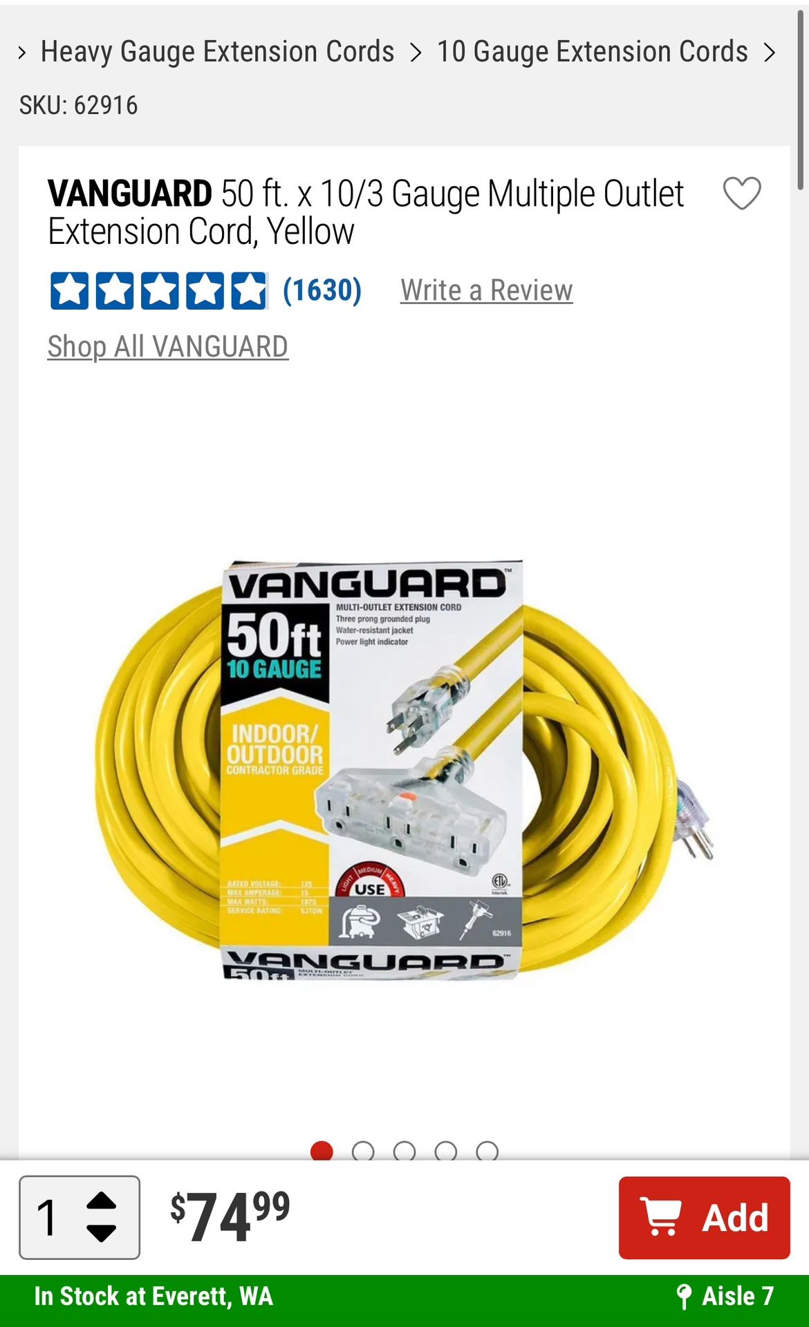 50 Ft Extension Cord - Vanguard Harbor Freight