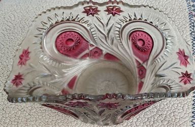Vintage Cranberry Stained EAPG Pressed Glass Bowl