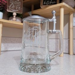 Vintage ALWE Old Spice Glass Beer Stein ‘Salem Ship Grand Turk 1786’, Pewter Lid