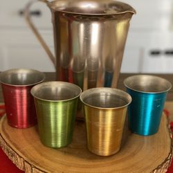 Aluminum Pitcher And Cups Vintage