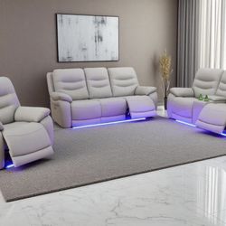 Power Electric Fully Reclining Leather Couch Set 