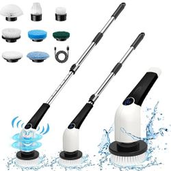 Keimi Electric Spin Scrubber, 2023 New Cordless Voice Prompt Shower Cleaning Brush with 8 Replaceable Brush Heads, 3 Adjustable Speeds, and Adjustable