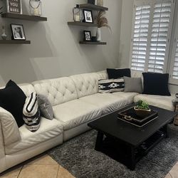 White Leather Section Couch and Ottoman