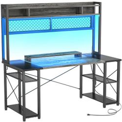 Gaming Deck with Charge Station and LED Light, Computer Table with Hutch and Shelves