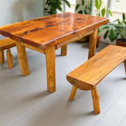 Artisan-Crafted Rustic Cedar Dining Table & 2 Split Log Benches