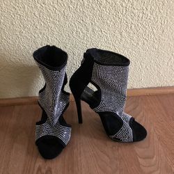 Black Silver Rhinestone Cut Out High Heels size 7