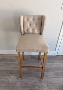 Beige Tufted Bar Stool / Counter Chair with Wood Legs