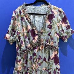 Women’s L/XL Casual Boho Floral Maxi Dress – V Neck Short Sleeve Wedding Party