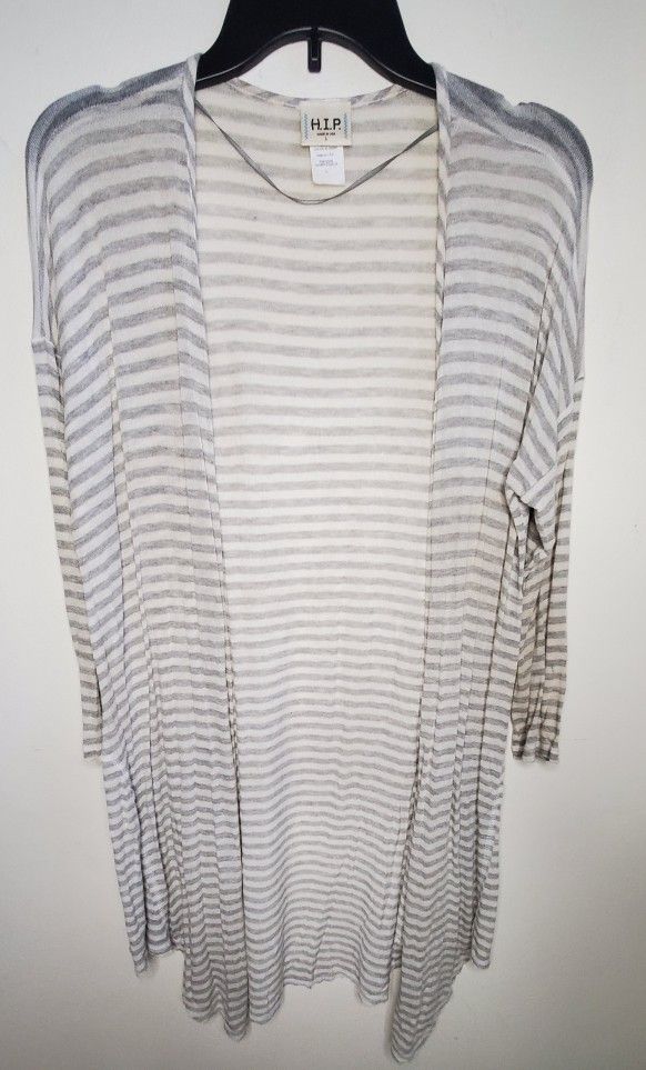 H I P Ladies Long Sleeve Grey Striped Cardigan