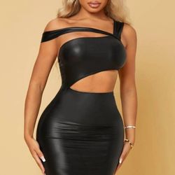 SEXY Asymmetrical Shoulder Cutout  Waist PU Leather Black Dress Size L