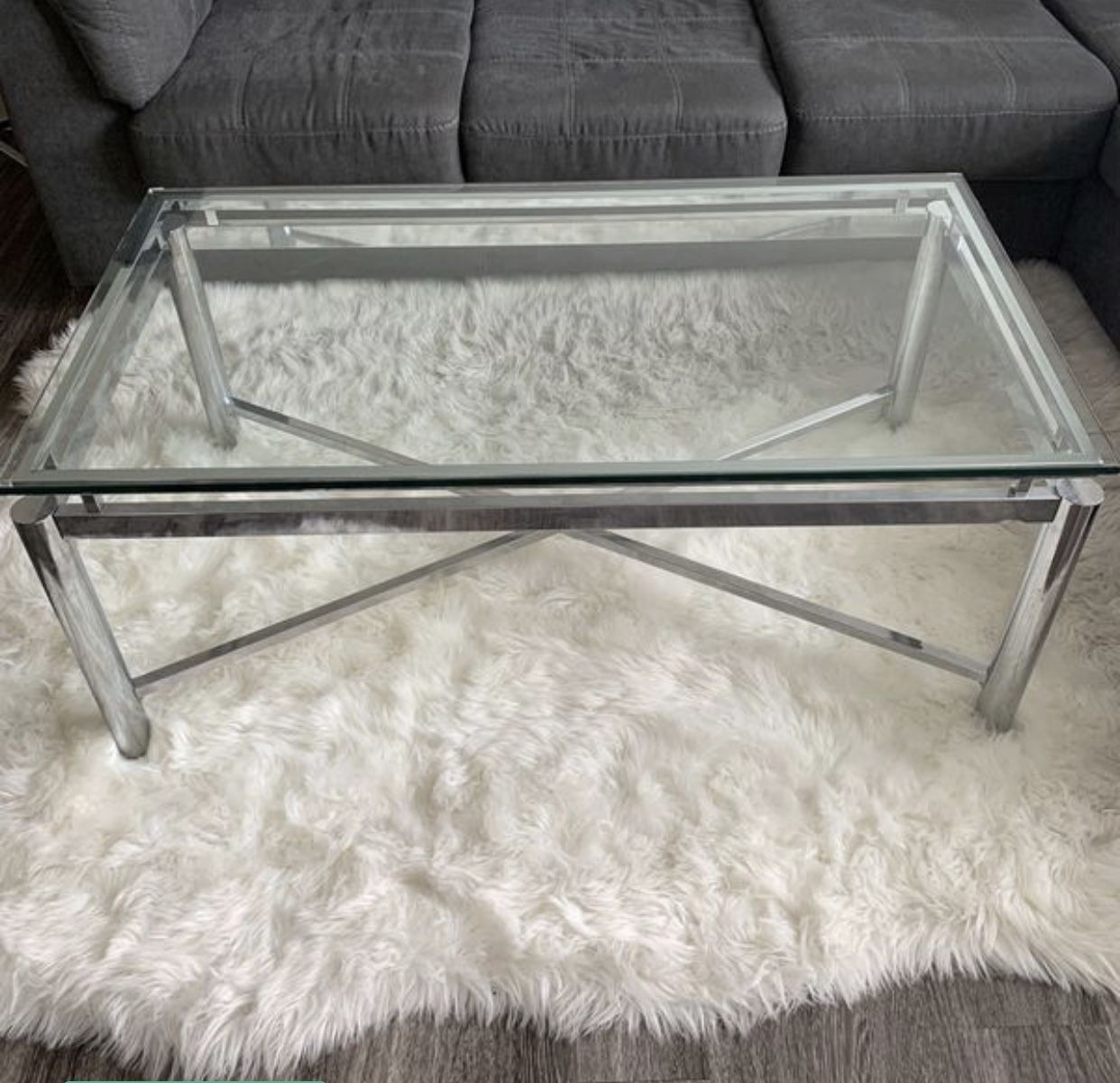 Glass Stainless Steel Coffee Table / 1 Side Table