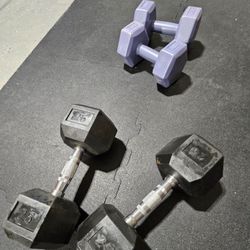 DUMBBELLS 25 LBS. PAIR AND 5 LBS. PAIR