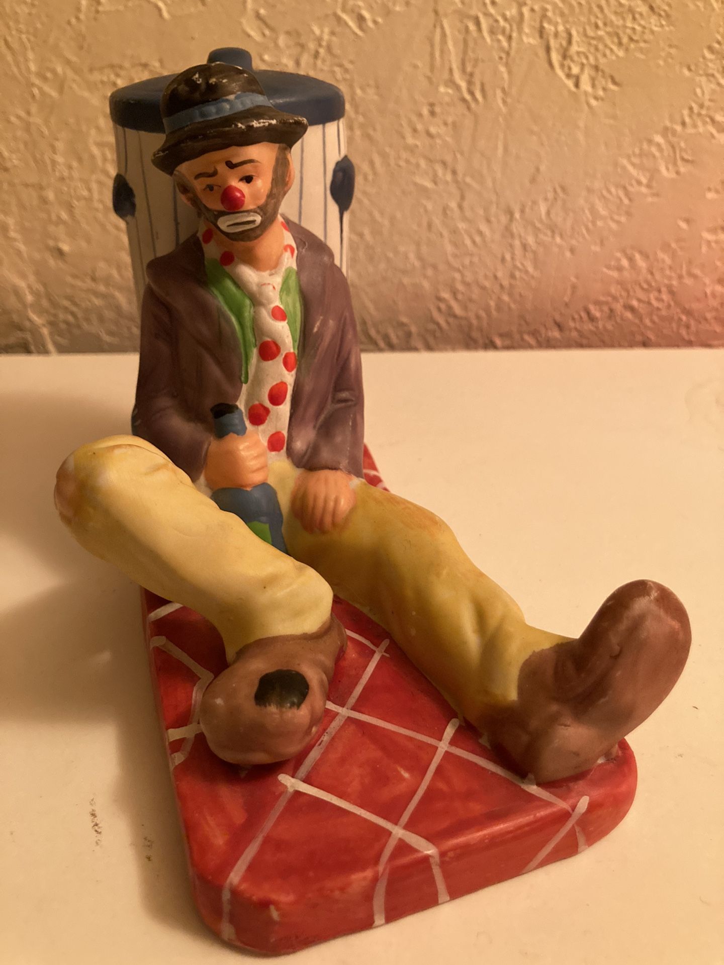 Emmet Kelly Jr Flambro Clown Hobo Trash Barrel Vintage Handpainted Porcelain