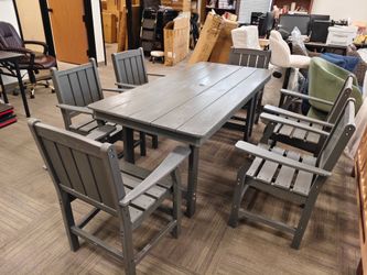 7 PCS Outdoor Dining Set, Spacious HDPE Outdoor Table and Chairs, Wood Grain Patio Furniture Sets with Elegant Armrest, All-Weather Outdoor Furniture 