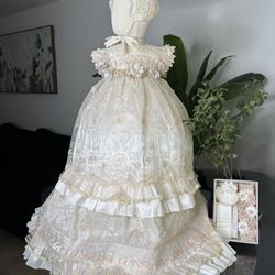 Handmade Baptism Dress Set – Baby Girl Christening Gown with Bonnet and Candle Set – Ropón de Bautizo