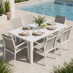 60" x 36"  White Powder Coated Aluminum Outdoor Patio Dining Table w/ Slatted Top [NEW] **TABLE ONLY / Chairs Sold Separately