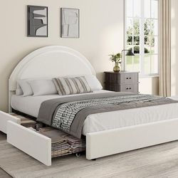 Garvee Full Boucle Upholstered Platform Bed with 2 Storage Drawers Modern Arc Headboard Bed Frame