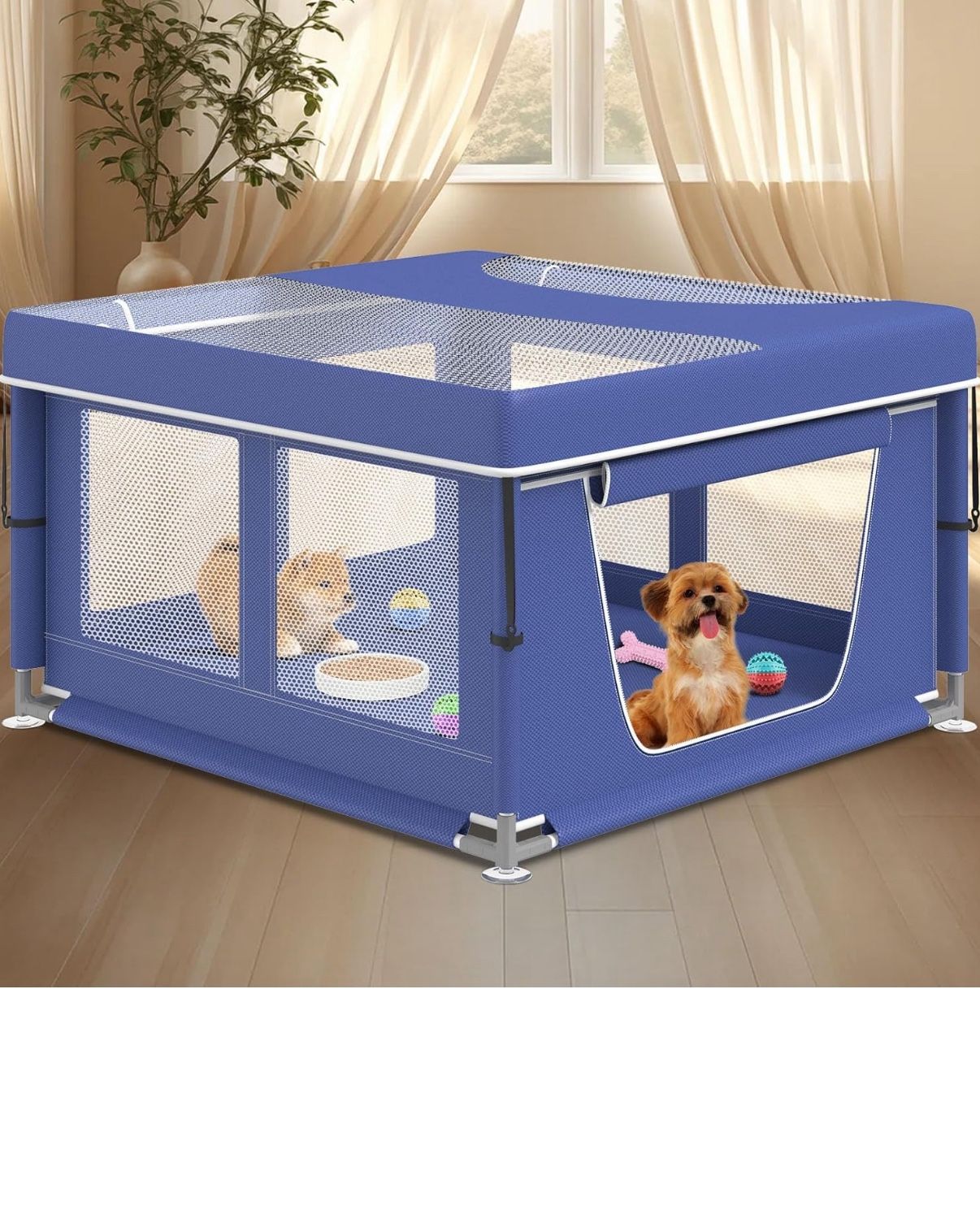 Dog Playpen 42 × 42 Inch, Puppy PlayPen with Gate for Puppies, Cat, Small and Medium Dogs, Pet PlayPen with Roof for Outdoors & Indoors, Thickened Fab