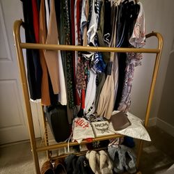 Gold Played Clothing Rack With Hooks And Shelves