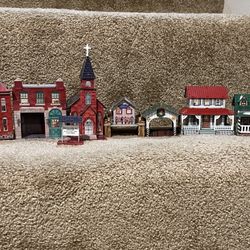 Hallmark 8 piece pressed tin Christmas ornament School Church Barn Bait shop
