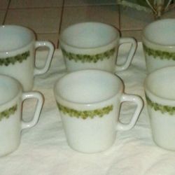 Vintage Pyrex milk glass mugs. Crazy daisy spring blossom - D handles - six for $20