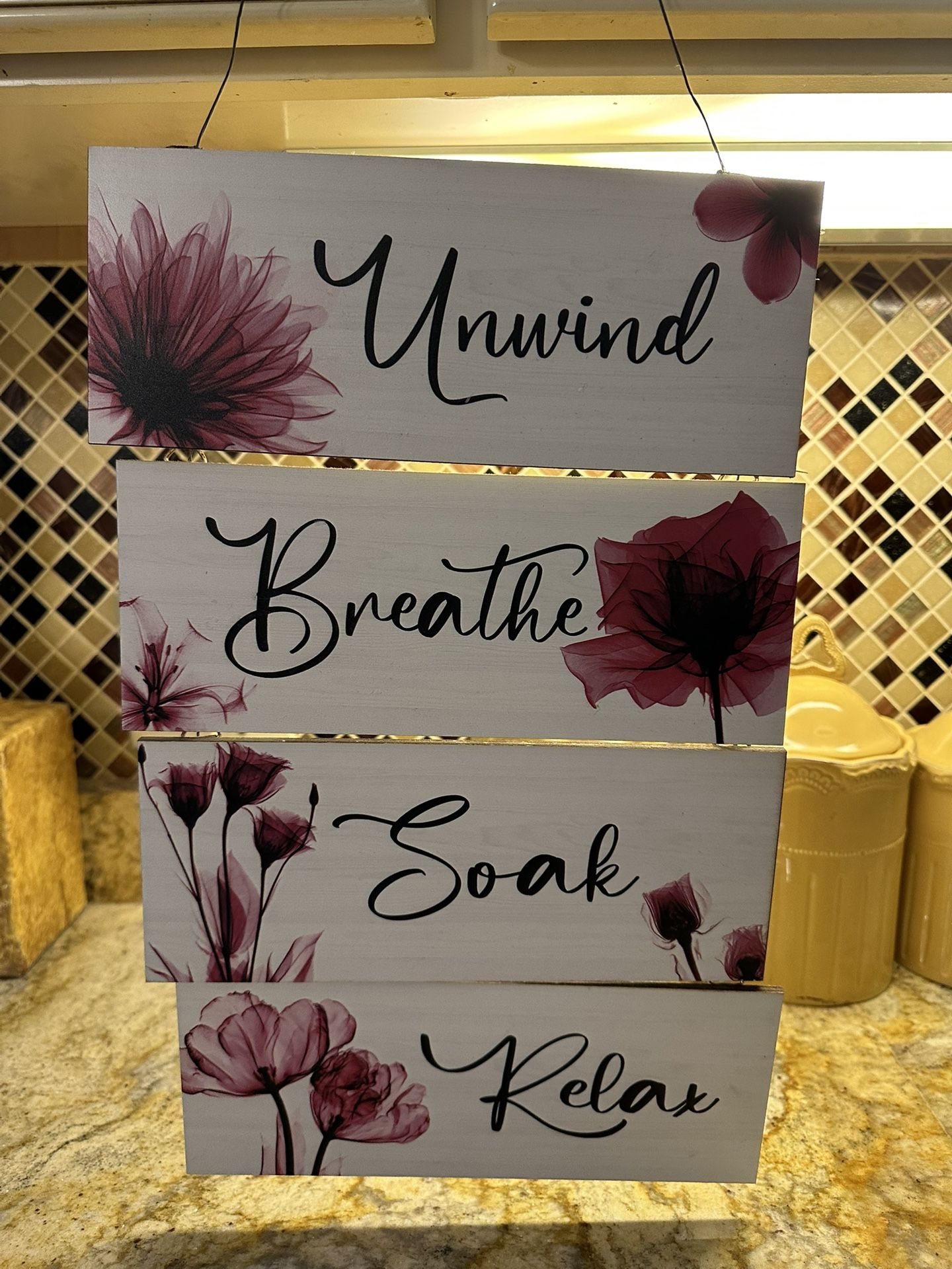 Set/4 - Red Wood Plaques - Bathroom Spa Decor ( Relax /Soak /Unwind /Breathe) Wall Art (10 β x 4β)