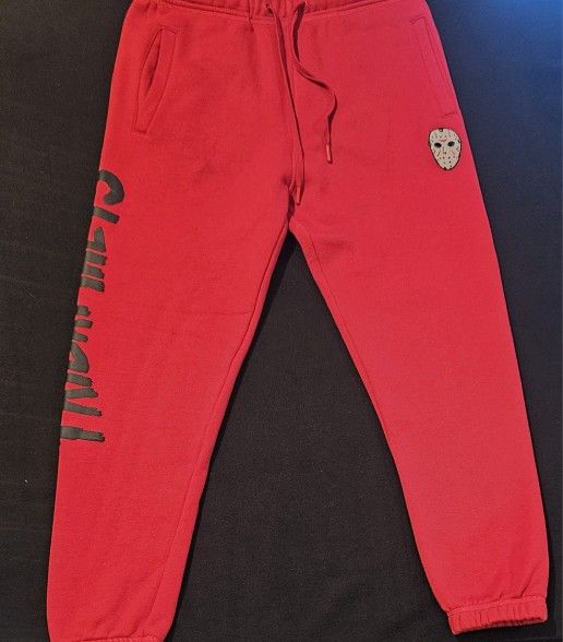 Friday the 13th Jason Voorhees Drawstring Embroidered Stretch Red Joggers Mens L