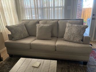 Beige Fabric Sofa with Nailhead Trim
