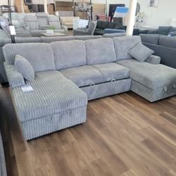 New 3pc Double. Chaise Sleeper Storage Sectional In Grey Corduroy 