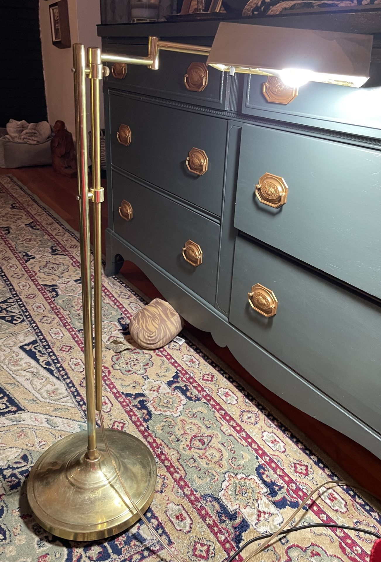 Vintage Tent shade BRASS Pharmacy Floor Lamp Van Adjustable By Alsy Manufacturing