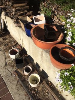 Eleven flower pots , one is  cracked