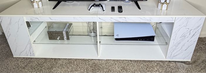Modern White Marble TV Stand with LED Lights & Glass Shelving