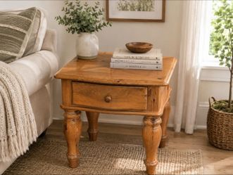 Solid Wood Parquet-Top End Table with Turned Legs