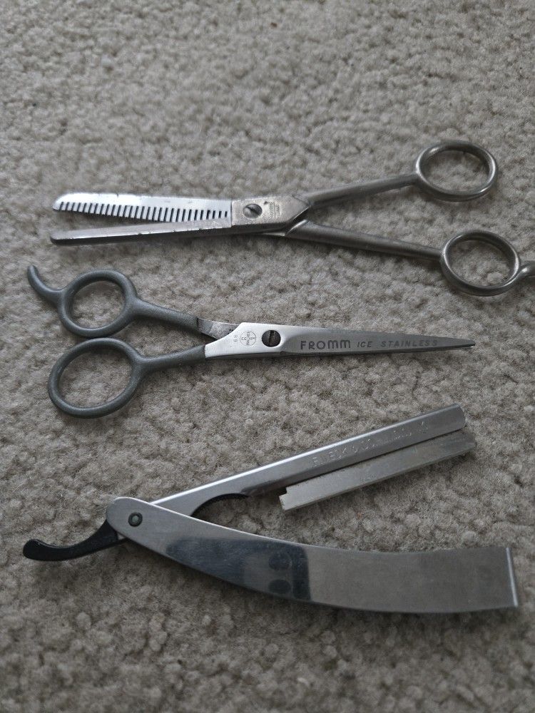 Thinning shears, scissors and straight razor.