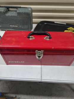 Red Metal Toolbox with Tools