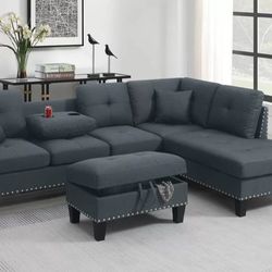 Sectional Sofa Dark Gray Storage Ottoman Included Accent Pillows Nailhead Trim Two Cup Holders  6x8 
