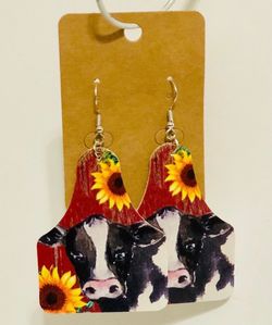 NEW Western Cowgirl Boho Cow Sunflower Theme Faux Leather Dangle Earrings