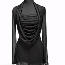 Suzie in the City Black Draped Sheer Long Sleeve Blouse Medium